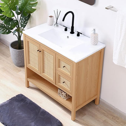 JONATHAN Y VAN1025A Jasper 36 in. W x 18 in. D x 33 in. H Rattan Modern Coastal 2-Shelf Bathroom Vanity Cabinet Only with Soft Closing Doors (Sink Basin Not Included), Oak