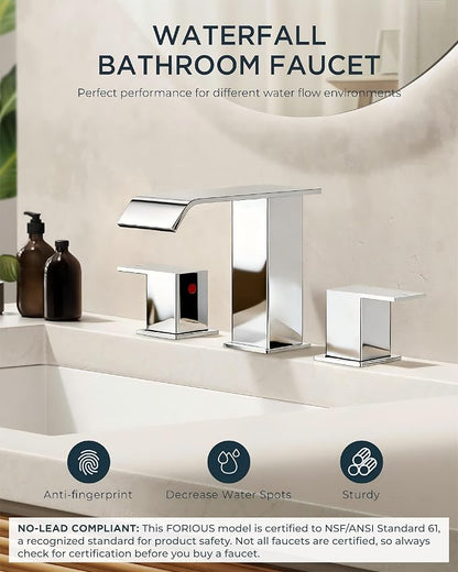 FORIOUS Bathroom Faucet 3 Hole 8 Inch Widespread Vanity Sink Faucets Chrome | 3-hole 4-12 Inch Widespread Sink, Square Waterfall Spout, with Drain and Hoses,for Vanity Rv Commercial Lavatory Restroom