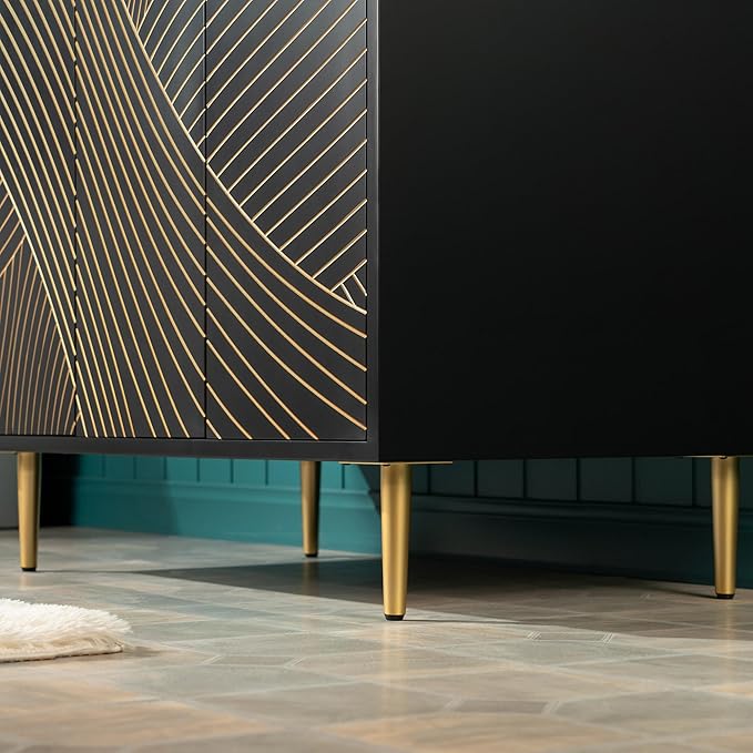 Woodbridge 36"x22" Bathroom Vanity with Single Ceramic Undermount Sink, White Engineered Stone Top, Hand-Painted Black & Gold Accents, Sleek Thin-Leg Frame, Space-Saving for Modern Living
