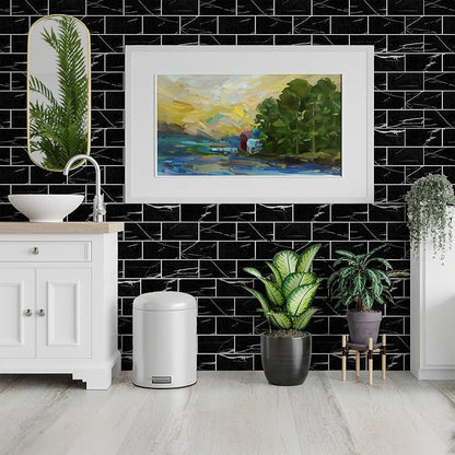 StyloVue 100 Pieces Peel and Stick Backsplash for Kitchen, 3" x 6" PVC Subway Tile Upgraded Nero Marquina with White Grout Backsplash Stick on Tile Elevate Kitchen, Bathroom, Fireplace,RV