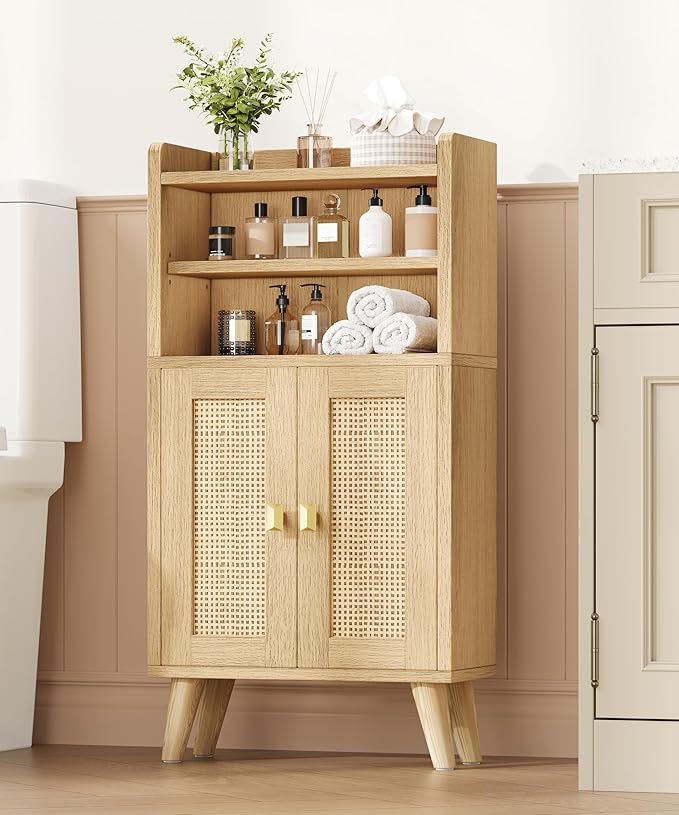 Rattan Small Bathroom Storage Cabinet, Narrow Floor Toilet Paper Storage with 2 Doors and Adjustable Shelf, Bathroom Organizers and Storage for Small Spaces, 7.9''D x 15.0''W x 31.5''H, Natural Oak