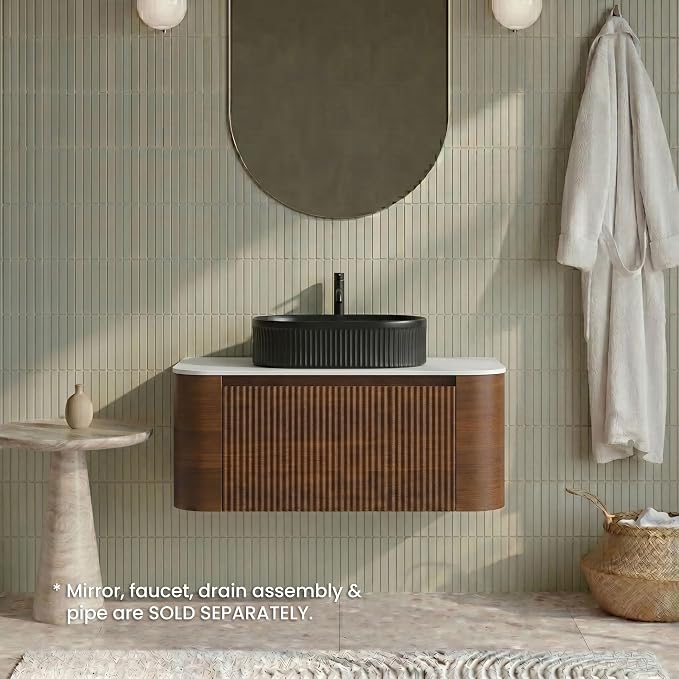 36" Preassembled Floating Bathroom Vanity with Black Sink, Walnut | Mid-Century Modern Style, Fluted & Soft-Close Drawer with U-shaped Wall, Sinterted Stone Countertop, Towel Rack Included