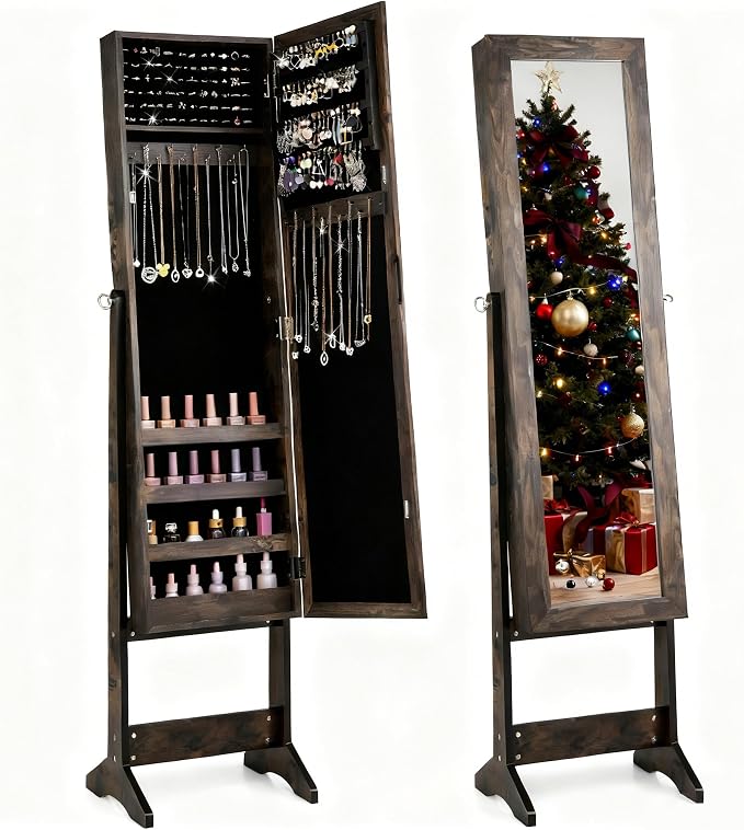 MAT EXPERT Jewelry Armoire Cabinet w/Full-Length Mirror, Jewelry Organizer Standing Mirror w/ 4 Shelves, 3 Adjustable Angles, Anti-toppling, Jewelry Cabinet for Bedroom, Living Room, Rustic Brown