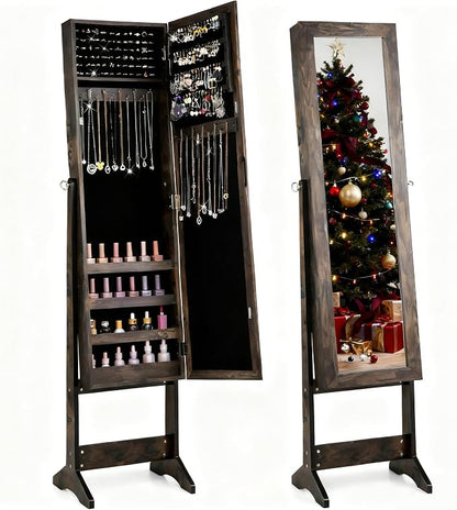 MAT EXPERT Jewelry Armoire Cabinet w/Full-Length Mirror, Jewelry Organizer Standing Mirror w/ 4 Shelves, 3 Adjustable Angles, Anti-toppling, Jewelry Cabinet for Bedroom, Living Room, Rustic Brown