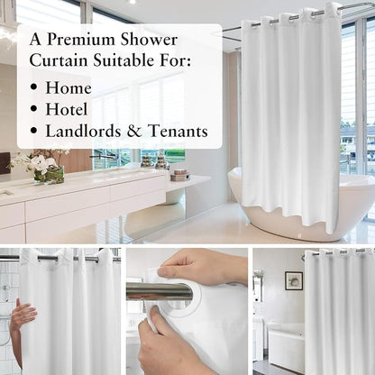 River Dream Extra Long No Hook Shower Curtain TPU Lining, White, 71x86 | No Required Liner, Hotel Fabric Shower Curtain for Bathroom, Bottom Magnets & Waterproof, 71W x 86H(84H)