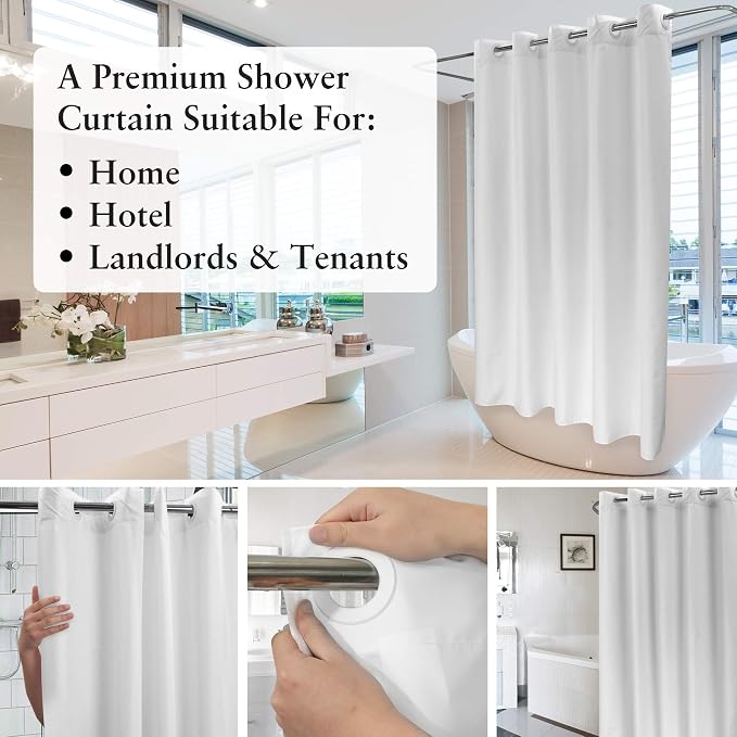 River Dream No Hook Fabric Shower Curtain TPU Lining, White, 71x74 | No Liner Required, Hotel Shower Curtain for Bathroom, Built-in Hooks & Bottom Magnets, Waterproof