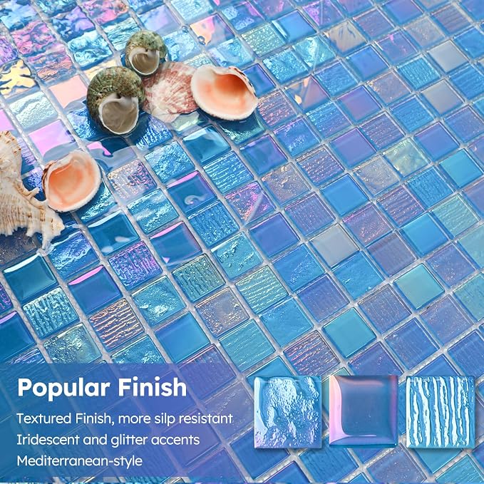 Pool Glass Mosaic Tiles, Iridescent Blue, 1 Inch Sqaure, 5 Sheets | Glass Tile for Swimming Pool, Kitchen Backsplash, Shower, Bathroom Wall, Waterline, Fountain