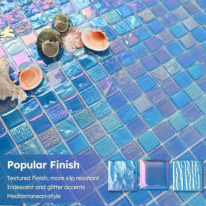 Pool Glass Mosaic Tiles, Iridescent Blue, 1 Inch Sqaure, 5 Sheets | Glass Tile for Swimming Pool, Kitchen Backsplash, Shower, Bathroom Wall, Waterline, Fountain