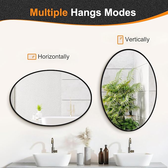 38x26 Black Oval Bathroom Mirror for Over Sink, Aluminum Frame | HD Reflection No Distortion, Aluminum Frame, Mounting Hardware for Vertical or Horizontal Mount