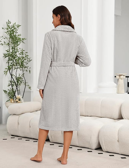 Ekouaer Women's Robe Long Plush Soft Bathrobe Cozy Warm Robes Shawl Collar Sleepwear with Pockets