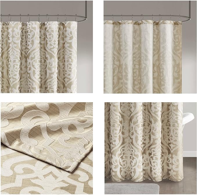 Madison Park Fabric Damask Medallion Shower Curtain, 72"x72" Tan/Ivory | Luxe Textured Jacquard, Machine Washable Modern Home Bathroom Decor, Bathtub Privacy Screen