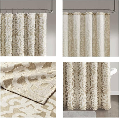 Madison Park Fabric Damask Medallion Shower Curtain, 72"x72" Tan/Ivory | Luxe Textured Jacquard, Machine Washable Modern Home Bathroom Decor, Bathtub Privacy Screen