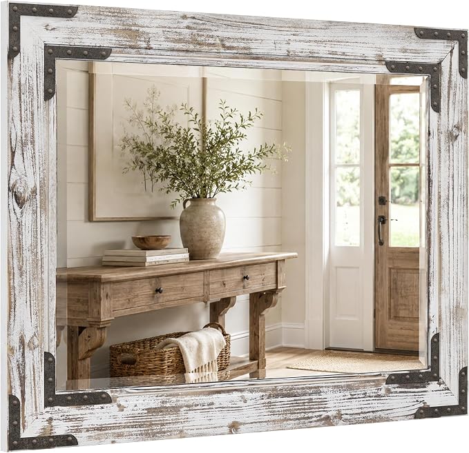 Distressed White 30x40 Inch Wood Bathroom Vanity Mirror, Rivets | Farmhouse style, layered whitewashed grain, larger vanities, dressers, dining areas and entry consoles