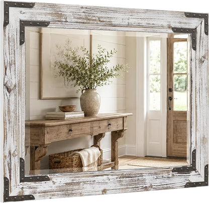 Distressed White 30x40 Inch Wood Bathroom Vanity Mirror, Rivets | Farmhouse style, layered whitewashed grain, larger vanities, dressers, dining areas and entry consoles