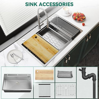 YITAHOME Drop In Kitchen Sink Workstation 33in | 304 Stainless Steel Single Bowl Top Mount Sink w/Ledge & Accessories, Honeycomb Surface Design, 33 x 22 x 10 in, Silver