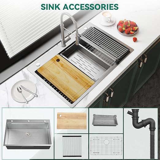 YITAHOME 33x22inch Drop In Kitchen Sink Workstation, 304 Stainless Steel Single Bowl Top Mount Sink w/Ledge & Accessories, Honeycomb Surface Design Scratches Resistant