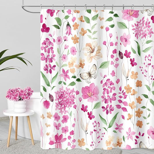Pink Green Floral Shower Curtain, Cute Flower Fabric Shower Curtains for Bathroom, Watercolor Wildflower Butterfly Cloth Shower Curtain Set with Hooks, 72x72