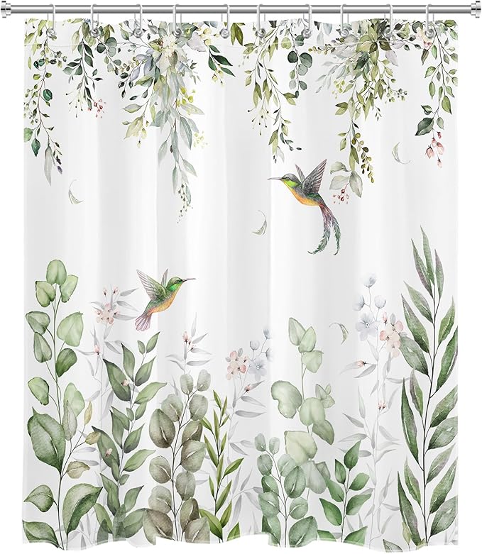 HVEST Sage Green Eucalyptus Shower Curtain for Bathroom, Spring Green Leaf and Pink Floral Hummingbird on White Shower Curtain with Hooks Nature Plant Bathroom Curtains Shower Set, 72L X 60W inches