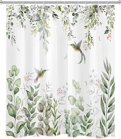 HVEST Sage Green Eucalyptus Shower Curtain for Bathroom, Spring Green Leaf and Pink Floral Hummingbird on White Shower Curtain with Hooks Nature Plant Bathroom Curtains Shower Set, 72L X 60W inches