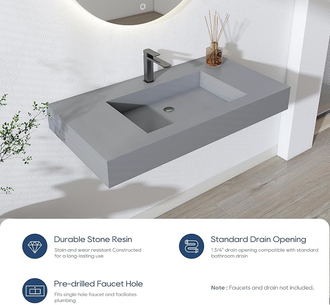 SJ STAR&JANE 35" x 19" in Solid Surface Bathroom Sink, Wall-Mount or Countertop Vessel Sink, Rectangle Floating Vanity Sink in Light Gray, Pre-installed Faucet Holes, Durable Modern Design