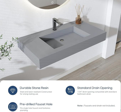 SJ STAR&JANE 35" x 19" in Solid Surface Bathroom Sink, Wall-Mount or Countertop Vessel Sink, Rectangle Floating Vanity Sink in Light Gray, Pre-installed Faucet Holes, Durable Modern Design