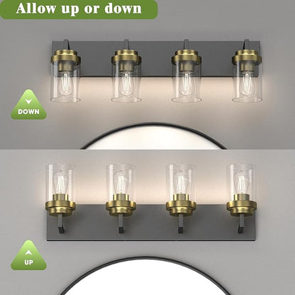Espird Bathroom Lighting Fixtures, 4-Light Bathroom Vanity Lights Over Mirror, Black and Gold Vanity Light with Glass Shade, Modern Vanity Lighting Fixtures for Bathroom, Bedroom, Hallway