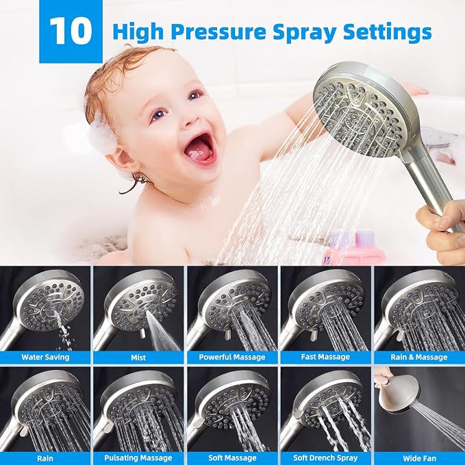 Hibbent 10" Dual Filtered Shower Head, 10-spray Handheld, Brushed Nickel | All Metal High Pressure Rainfall Shower Head Combo with Filter, 16" Extension Arm, 3-way Diverter, 71" Hose & Shower Holder