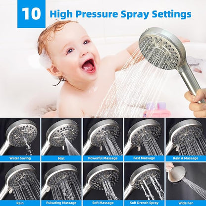 Hibbent 10" Dual Filtered Shower Head, 10-spray Handheld, Brushed Nickel | All Metal High Pressure Rainfall Shower Head Combo with Filter, 16" Extension Arm, 3-way Diverter, 71" Hose & Shower Holder
