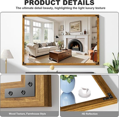 Hasipu Farmhouse Bathroom Mirror, 55"x36" Rustic Wood Framed Wall Mounted Mirror, Walnut Vintage Vanity Mirror Modern Farmhouse Style Decrative Mirrors