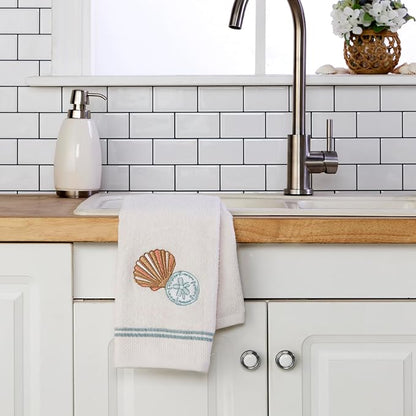 SKL Home Shells Hand Towel Set-2pc, 100% Cotton, Embroidered, White | Soft, decorative velour. For use in the bathroom, kitchen or bar. Great for Airbnb, beach homes & coastal décor