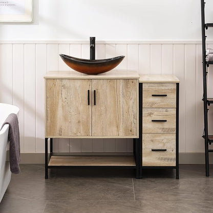UEV 42" Rustic Oak Bathroom Vanity with Sink Combo,Industrial Iron Frame Bathroom Cabinet Sets with 3 Drawers Side Cabinet,Modern Brown Boat Tempered Glass Vessel Sink(029BR)