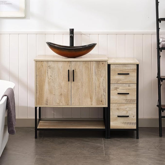UEV 42" Rustic Oak Bathroom Vanity with Sink Combo,Industrial Iron Frame Bathroom Cabinet Sets with 3 Drawers Side Cabinet,Modern Brown Boat Tempered Glass Vessel Sink(029BR)