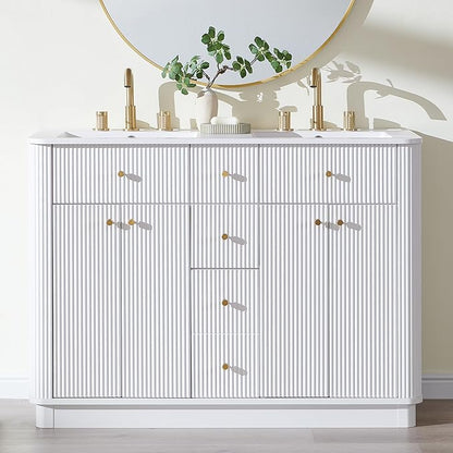 T4TREAM 48 Inch Bathroom Vanity with Sink, Modern Fluted Large Double Sink Bathroom Vanity with 2 Storage Cabinets, Adjustable Shelf, and 2 Drawers, Solid White