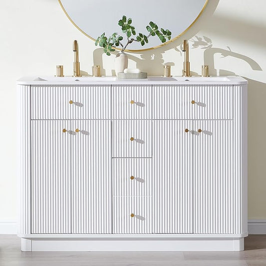 T4TREAM 48 Inch Bathroom Vanity with Sink, Modern Fluted Large Double Sink Bathroom Vanity with 2 Storage Cabinets, Adjustable Shelf, and 2 Drawers, Solid White