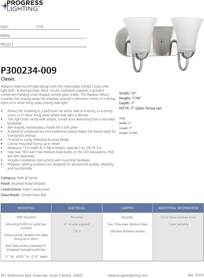 Progress Lighting Classic Collection 2-Light Etched Glass Traditional Bath Vanity Light Brushed Nickel, 7-7/8" x 13"