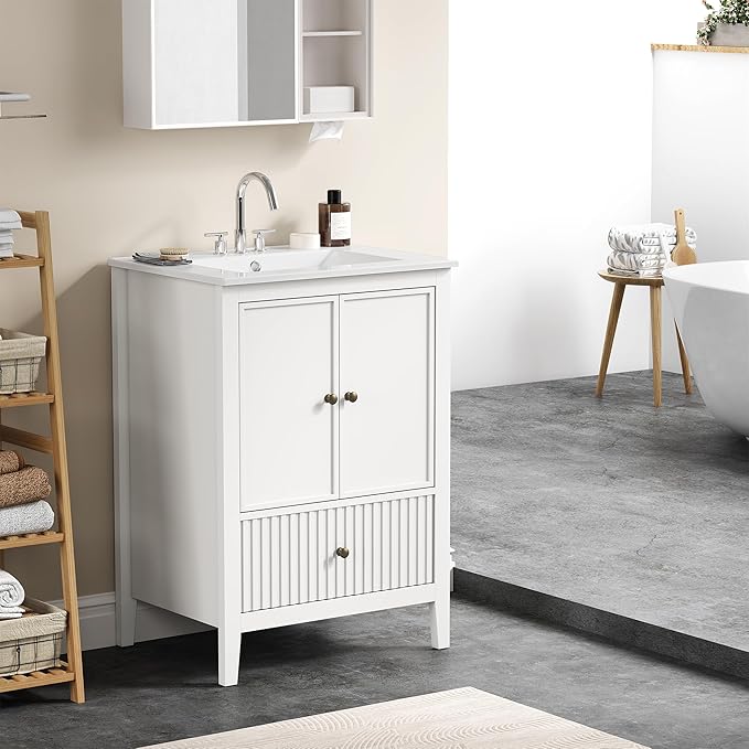 RoyalCraft 24'' Bathroom Vanity with Ceramic Sink Combo Set, Modern Wood Bathroom Cabinet with Soft Closing Doors and Fluted Drawer, Free Standing Storage Cabinet, White