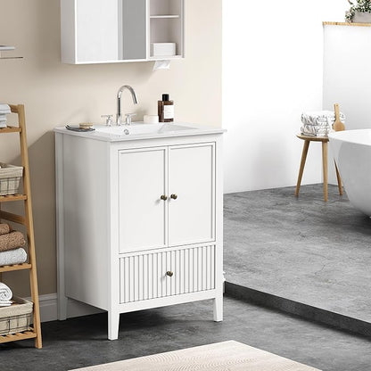 RoyalCraft 24'' Bathroom Vanity with Ceramic Sink Combo Set, Modern Wood Bathroom Cabinet with Soft Closing Doors and Fluted Drawer, Free Standing Storage Cabinet, White