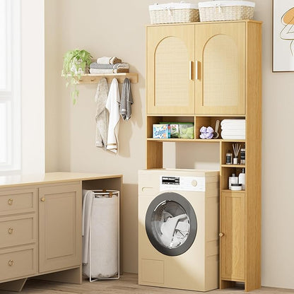 Homhedy Wooden Over The Toilet Storage Cabinet, Natural | Bathroom Organizer with Rattan Decorated Doors, Adjustable Shelves, Toilet Paper Holder, for Small Spaces