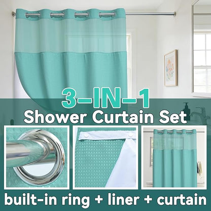 Conbo Mio Extra Long No Hook Green Waffle Weave Shower Curtain with Snap in Liner Set, Hotel Luxury Shower Curtains for Bathroom with See Through Top Window, Waterproof, Washable 71W x 84H