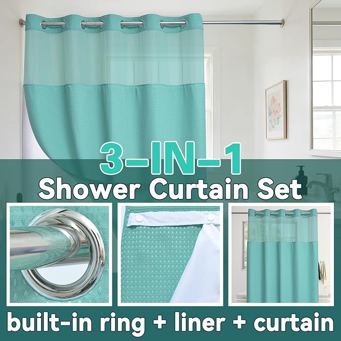 Conbo Mio No Hook Green Waffle Weave Shower Curtain with Snap in Liner Set, Hotel Luxury Shower Curtains for Bathroom with See Through Top Window, Waterproof, Washable 71W x 74H