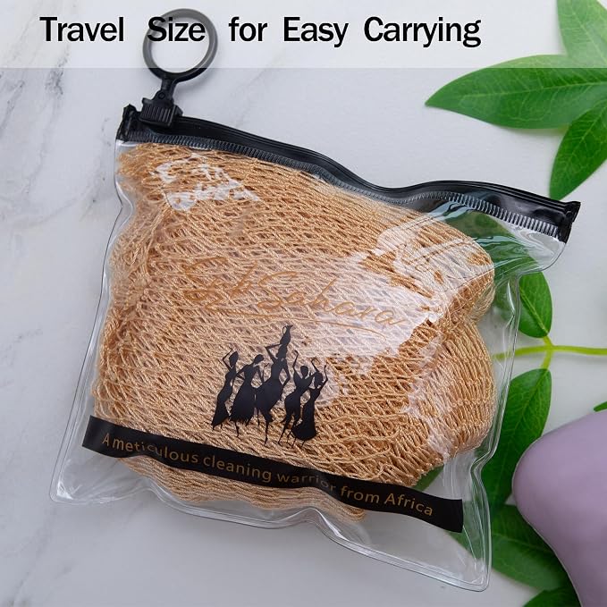 Authentic African Net Sponge, 2 Pack 45-Inch Exfoliating Bath Sponge and Shower Loofah for Body and Back, Colorfast Quick-Dry Knotted Mesh Scrubber with Travel Pouch(Golden & Milky White)