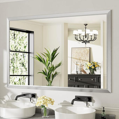 60x40 Inch Brushed Silver Bathroom Mirror for Wall, Thick Metal Framed Rectangle Mirrors for Over Sink, Bedroom, Living Room, Entryway, Anti-Rust, HD Tempered Glass