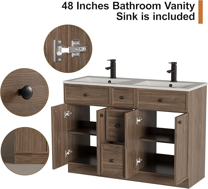 LUCKWIND 48" Bathroom Vanity Sink Combo, Modern Bathroom Cabinet with Double Undermount Solid Surface Vanity Sink, Soft-Close Hinges & Water-Saving Faucet, Taupe