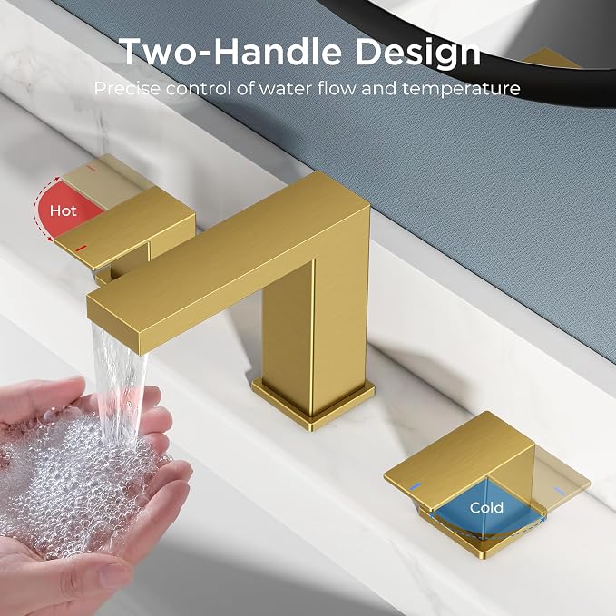 FORIOUS 8" Brushed Gold Bathroom Faucet 3 Hole, Gold Vanity Faucet 3 Holes | CUPC 8 Inch Waterfall Bathroom Faucet Gold,3 Hole Bathroom Sink Faucet Widespread Set for Restroom, Lavatory, Hospitality