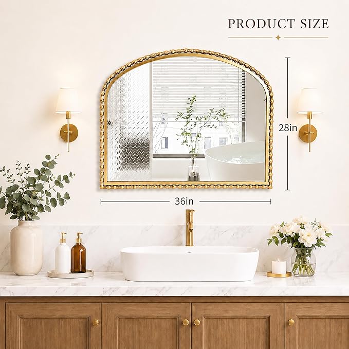 36"x28" Wide Arched Wall Mirror, Antique Gold Bold Beaded Frame | Large statement mirror for fireplace mantel, vintage decorative horizontal wall mount for entryway, living room, bathroom
