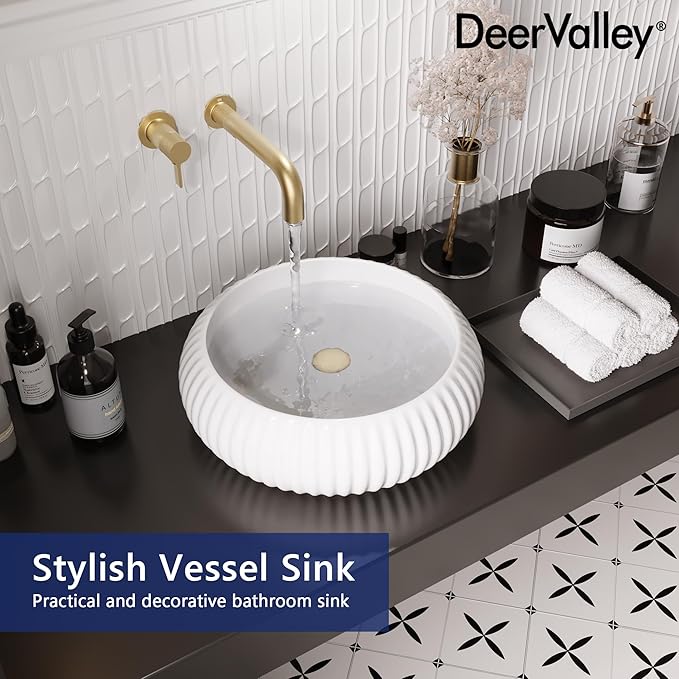 DeerValley 15.7 Inch White Round Ceramic Vessel Sink, Above Counter Porcelain Bathroom Vanity Bowl Art Basin (Without Sink Drain), DV-1V0223