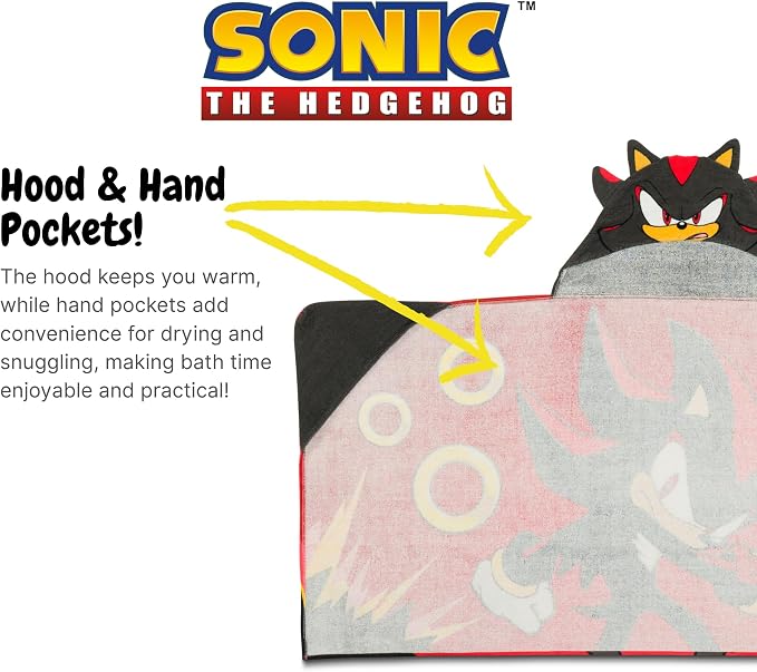 Sonic Shadow The Hedgehog Anime Kids Super Soft Bath/Pool/Beach Cotton Hooded Towel Wrap, 50 in x 24 in, (Officially Licensed Product) By Franco