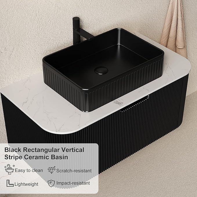 36" Floating Bathroom Vanity with Sink, Wall-Mount Black Cabinet with Rectangular Ceramic Basin and Marble Top, Large Storage Drawer, Soft-Close Design, Gloss Black