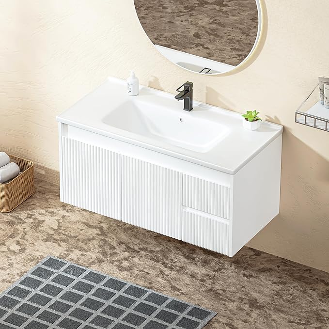 Floating Bathroom Vanity 40 Inch, Wall Mounted Bathroom Vanity with Ceramic Sink and 2 Drawers for Storage, Modern Wave-Carved Design Wooden Sink Cabinet, White