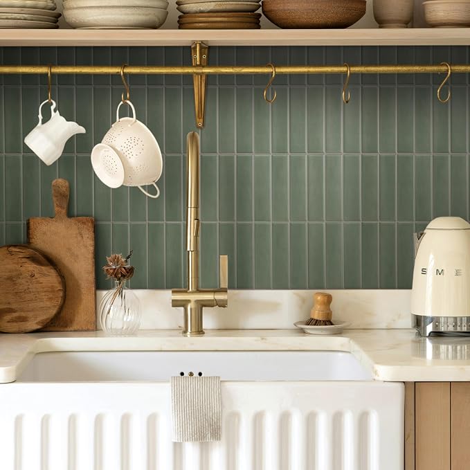 Smart Tiles Peel and Stick backsplash, Stacked Olive Green, 11.43"x9" | Pack of 5 (3.5 sq ft), Matte, Heat/Moisture Resistant, Low VOC, Kitchen/Bathroom, Renter Friendly, Made in Canada